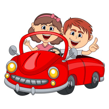 Car and a couple young passengers cartoon