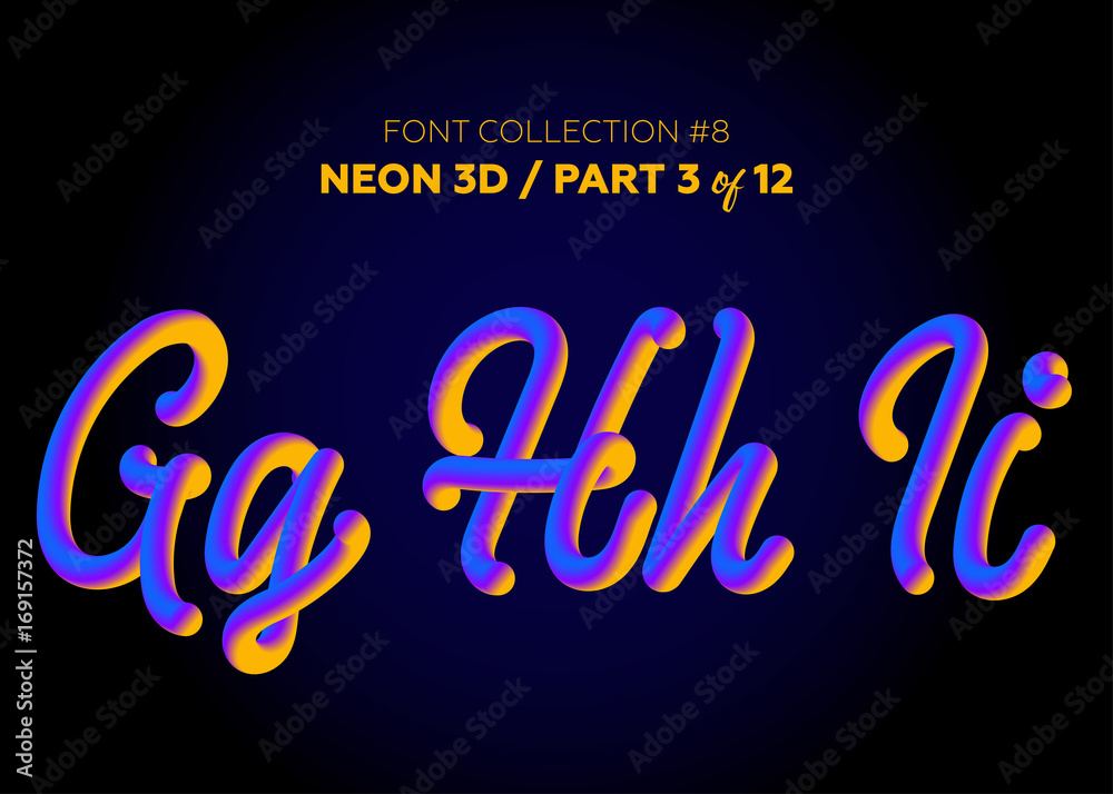 Fototapete neon 3d typeset with rounded shapes. font set of painted letters. matte liquid purple and yellow col