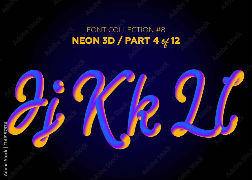 Fototapete neon 3d typeset with rounded shapes. font set of painted letters. matte liquid purple and yellow col