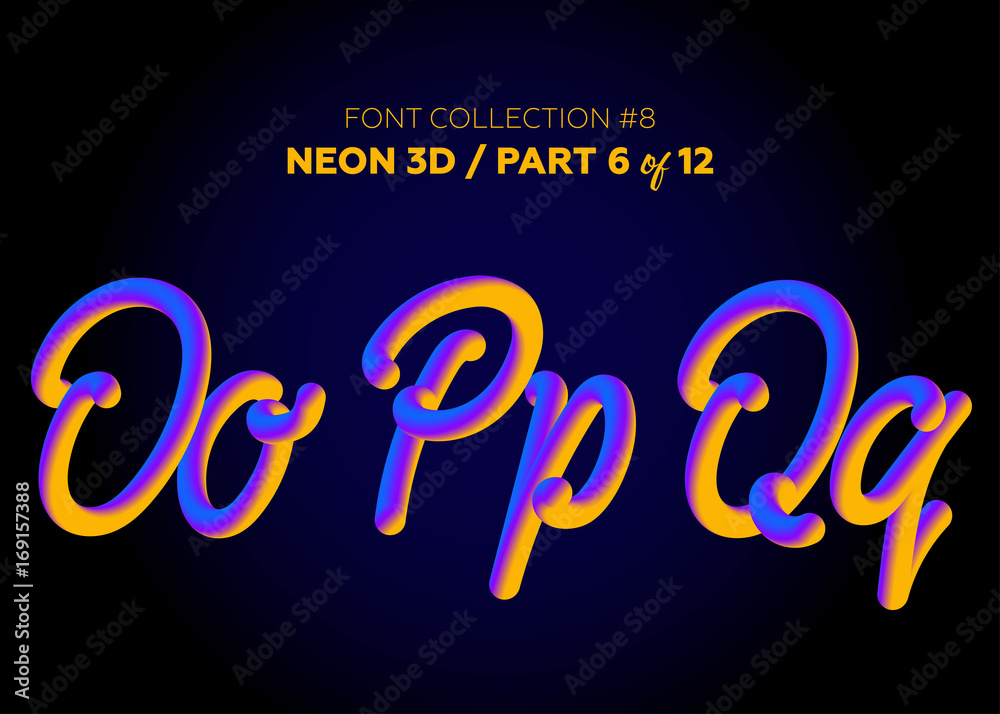 Fototapete neon 3d typeset with rounded shapes. font set of painted letters. matte liquid purple and yellow col
