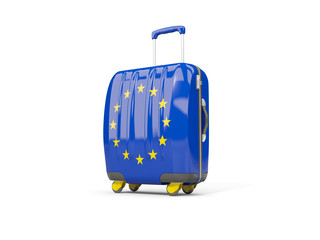 Luggage with flag of european union. Suitcase isolated on white