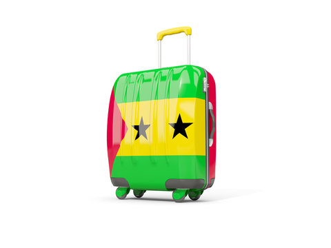 Luggage with flag of sao tome and principe. Suitcase isolated on white