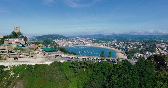 Drone establish shot of San Sebastian bay, Spain