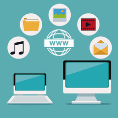 color background of devices laptop and display computer with icons technology wireless vector illustration