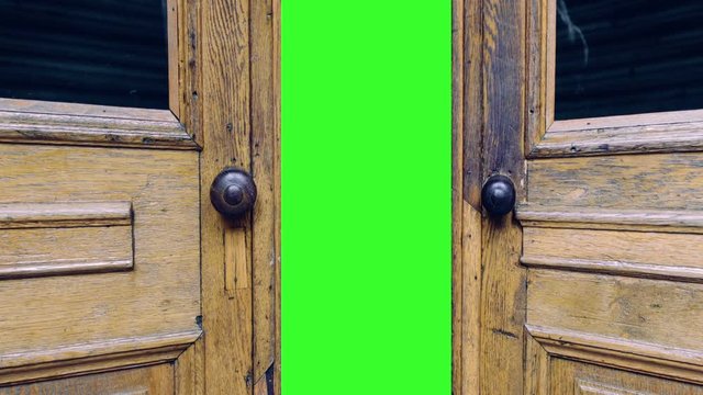 animation - wooden door opening to green screen.