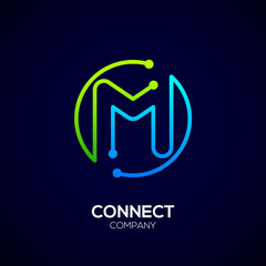Letter M logo, Circle shape symbol, green and blue color, Technology and digital abstract dot connection