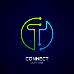 Letter T logo, Circle shape symbol, green and blue color, Technology and digital abstract dot connection