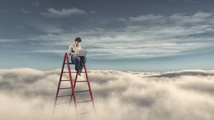 Man with a laptop on a ladder above the clouds © Orlando Florin Rosu