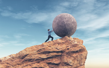 Man pushing a large stone
