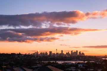 Sydney skyline view with some clouds in a beautiful sunset time.
