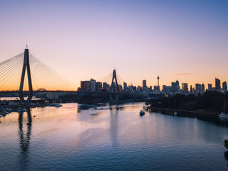 Fototapeta na wymiar Sydney city and anzac bridge view at sunrise time.