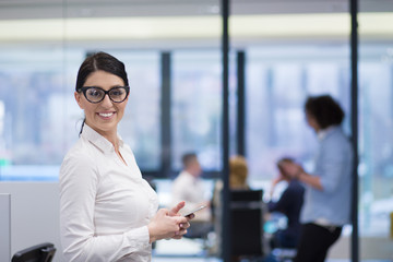 Elegant Woman Using Mobile Phone in startup office building