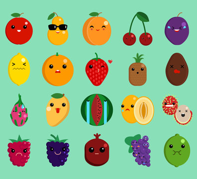 Cartoon Face Funny Fruit Emoji Elements Collection, Flat Icons Set, Colorful Symbols Pack Contains - Apple Pear Peach Cherry Lemon Orange Strawberry Pineapple . Vector Illustration. Flat Style Design