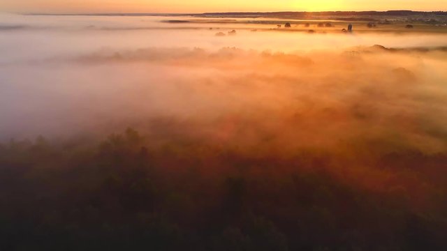 Rural landscape shrouded in ethereal fog at sunrise, aerial view.
