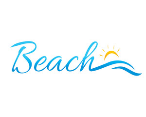 Fototapeta na wymiar beach word with waves and sun, beach logo, illustration design, isolated on white background.