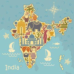 Traditional symbols of India in the form of a stilized map