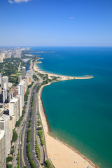 Obraz premium Chicago, lake shore drive, lake michigan, North Avenue Beach, aerial view,