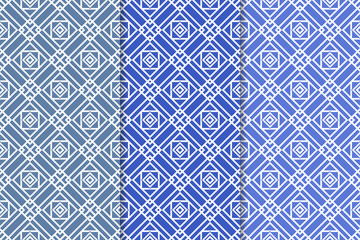 Geometric backgrounds. Set of blue seamless patterns