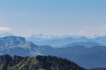 Snowy Mountain peaks,view from Mt. Hochfelln on a summer day