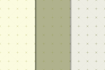 Geometric backgrounds. Set of olive green seamless patterns