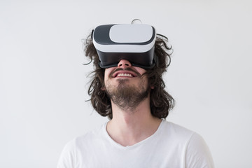 Man using headset of virtual reality