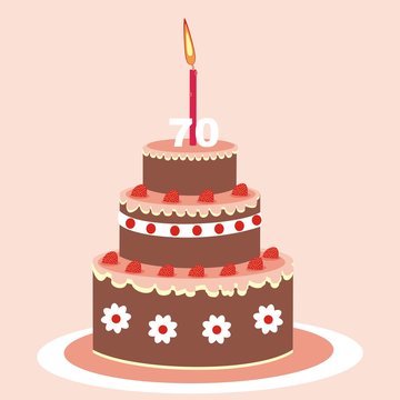 Birthday cake with candle. Chocolate cake with fruit. Birthday wish. Postcard. Vector icon.Seventy years.
