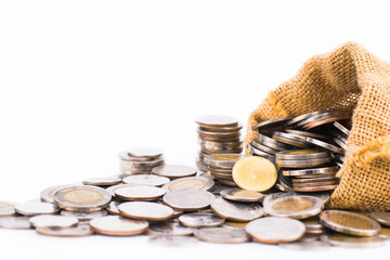 Silver coin in a bag and white background