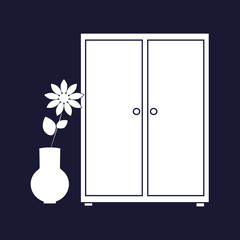 Vector image of a wardrobe icon  for clothes and  flower. Cupboard icon. Vector white icon on dark blue background.