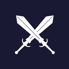 Vector image of two swords. Vector white icon on dark blue background.