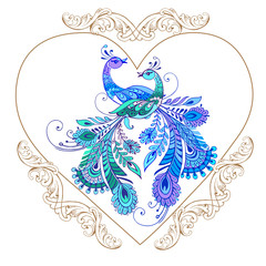 Decorative heart with purple birds. Vector illustrations