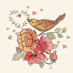 Vintage floral design with hearts and birds. Vector illustration