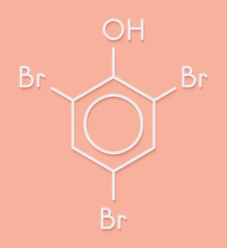 Tribromophenol (TBP, 2,4,6-Tribromophenol) molecule. Used as fungicide and wood preservative; Skeletal formula.