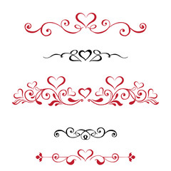 Vector set Decorative vignettes with hearts, vintage borders. Red and black vignettes on a white background - obrazy, fototapety, plakaty