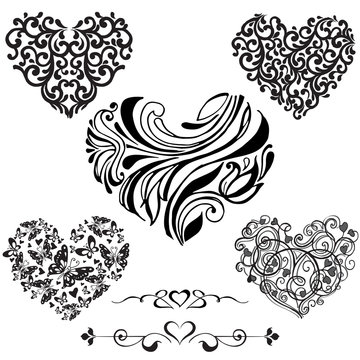 Set decorative black hearts isolated on white background. Decorative vignettes with hearts