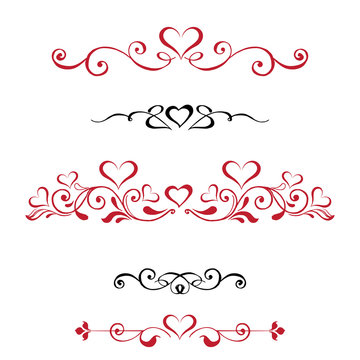 Vector set Decorative vignettes with hearts, vintage borders. Red and black vignettes on a white background