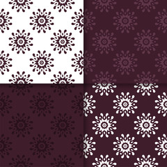Maroon set of floral ornaments. Seamless patterns
