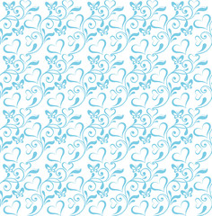 Vector Seamless floral pattern blue hearts and butterflies. Decorative ornament backdrop for fabric, textile, wrapping paper