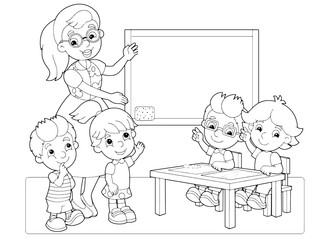 cartoon scene with children and teacher in the classroom holding hands up vector coloring page - illustration for children