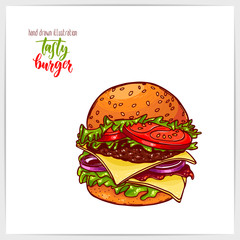 Pretty vector illustration of hand drawn colorful big tasty burger.