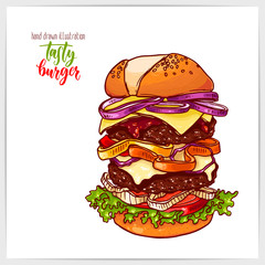 Pretty vector illustration of hand drawn colorful big tasty burger.