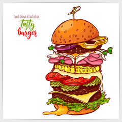 Pretty vector illustration of hand drawn colorful big tasty burger.