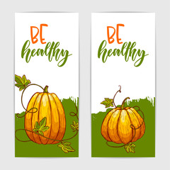 Two cute cards with hand drawn colorful ripe pumpkins and hand lettering 