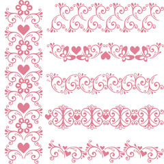 Ornamental seamless pink borders. Vector set with floral elements and hearts