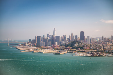Aerial view of Downtown San Francisco skyline from helicopter, CA