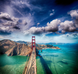 Overhead view of Golden Gate Bridge from helicopter, San Francisco