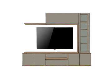 3D rendering. TV stand and entertainment center with appliances and decors. Modern living room interior. Modern creative TV furniture. Front view.