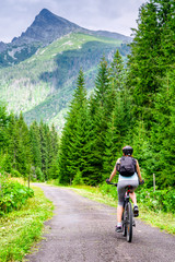 Obraz premium Woman on MTB bike in High Tatras mountains, Slovakia