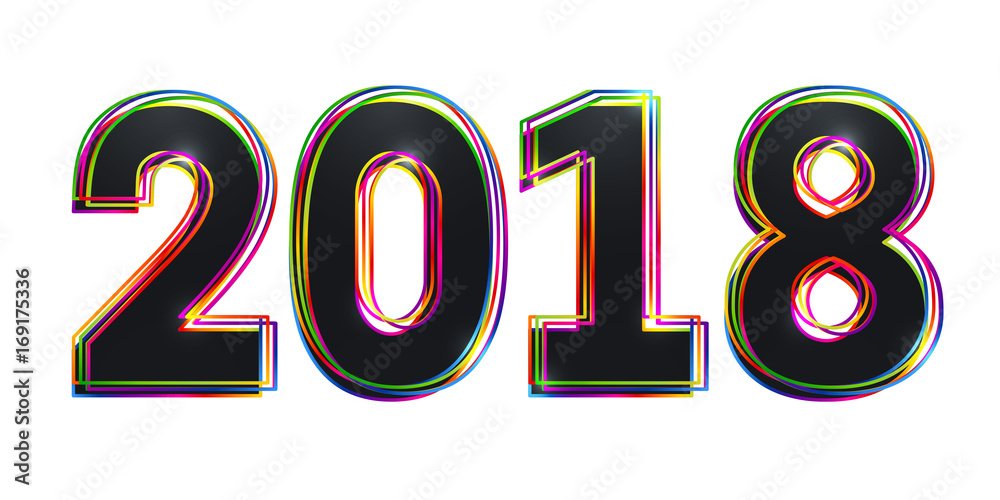 Aufkleber 2018 happy new year. black numbers with colorful multicolored outlines isolated on white background.