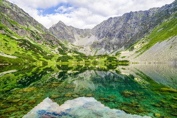 Reflection in water at lake in High Tatras mountains, Slovakia