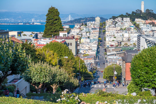 SAN FRANCISCO - AUGUST 7TH, 2017 - Tourists in Lombar Street. It is claimed as the most crooked street in the world, located along the eastern segment in the Russian Hill neighborhood